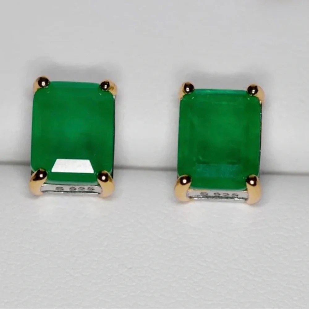 Emerald Emerald-Cut Stud Earrings - Sterling Silver Gold Plated